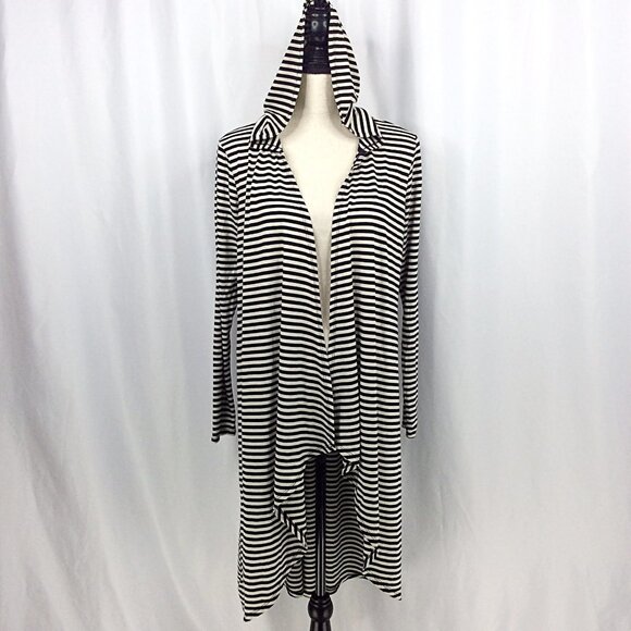Janet Chung Hooded Duster Cardigan Sweater Womens Size Medium Striped Hi Low - Picture 1 of 10